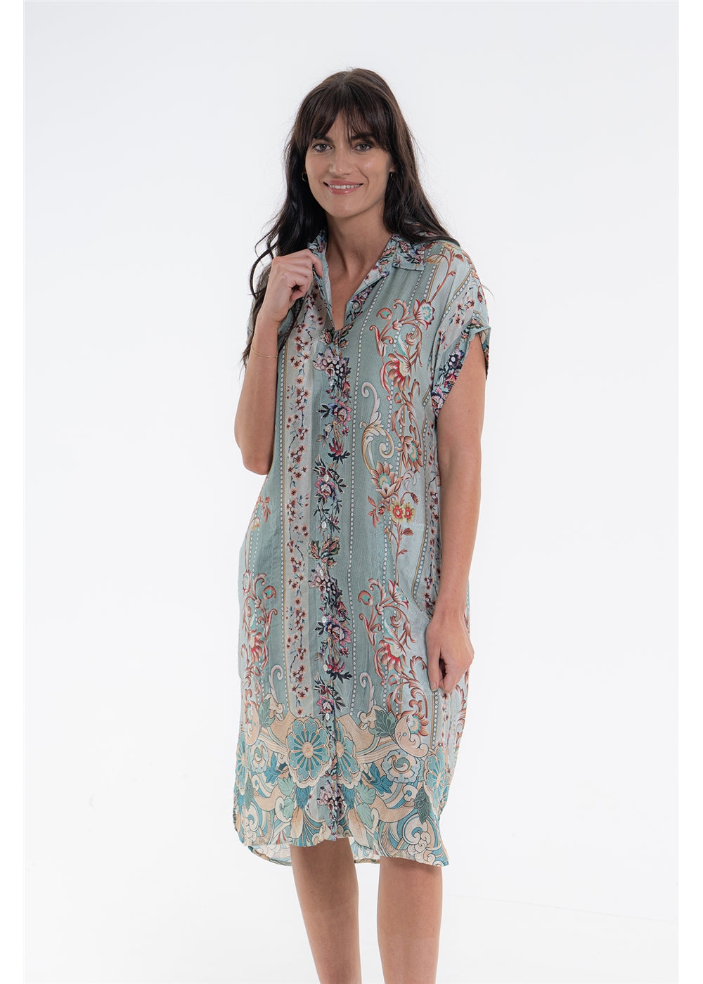 Vintage Blossom Dresden Dress in blue-grey floral silk viscose, second front view