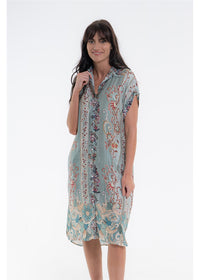 Vintage Blossom Dresden Dress in blue-grey floral silk viscose, second front view