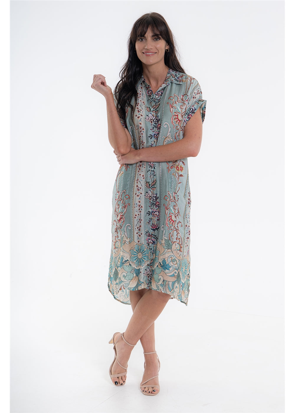 Vintage Blossom Dresden Dress in blue-grey floral silk viscose, front view showing the collar and short sleeves