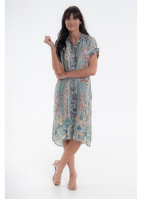 Vintage Blossom Dresden Dress in blue-grey floral silk viscose, front view showing the collar and short sleeves
