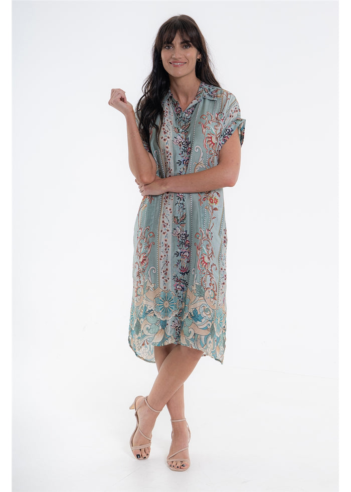 Vintage Blossom Dresden Dress in blue-grey floral silk viscose, front view showing the collar and short sleeves