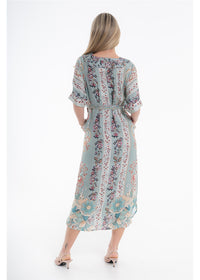 Vintage Blossom Etta Dress in blue-grey floral viscose linen, back view