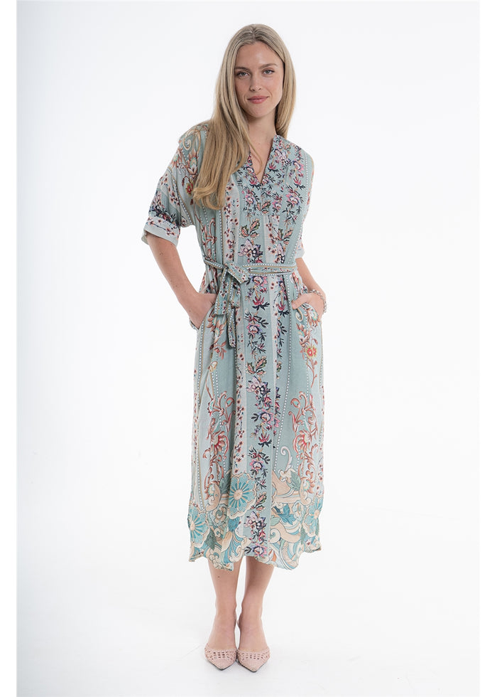 Vintage Blossom Etta Dress in blue-grey floral viscose linen, front view showing the waist tie and pockets