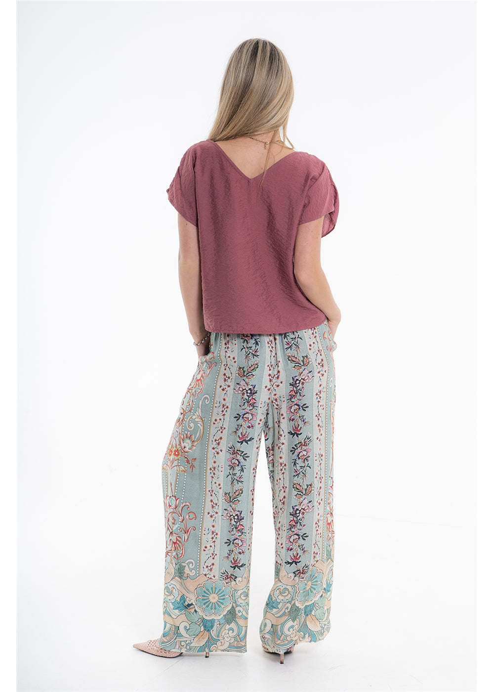 Vintage Blossom Juno Pant in blue-grey floral viscose linen, back view