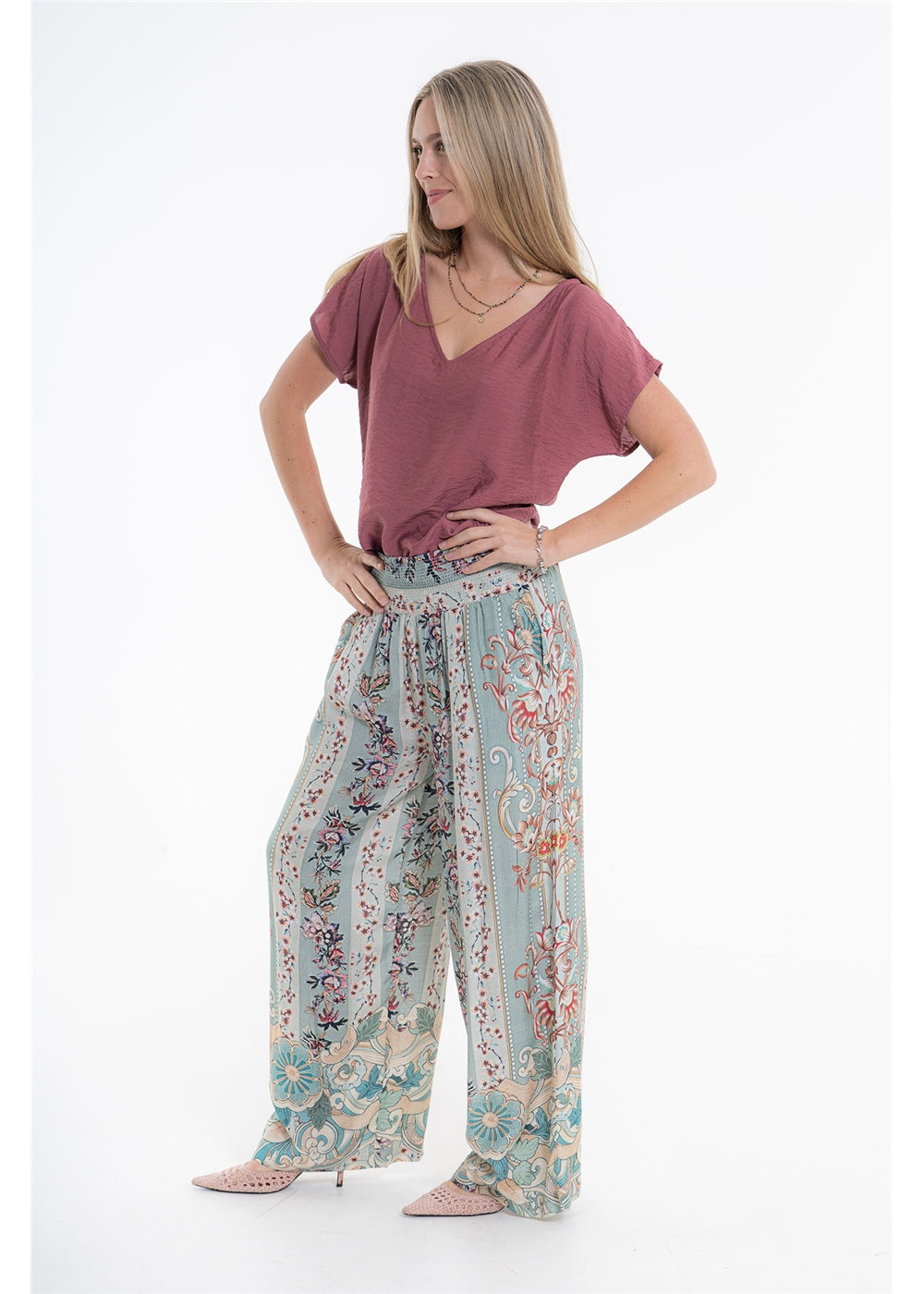 Vintage Blossom Juno Pant in blue-grey floral viscose linen, three-quarter front view showing the wide legs