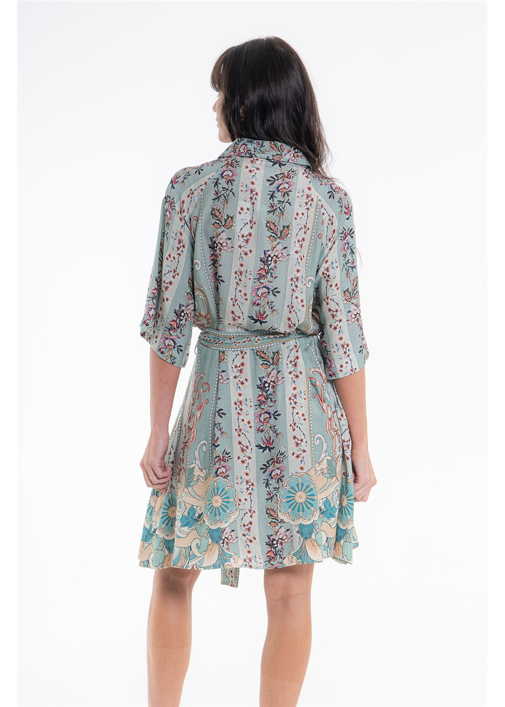 Vintage Blossom Paris Dress in blue-grey floral viscose linen, back view