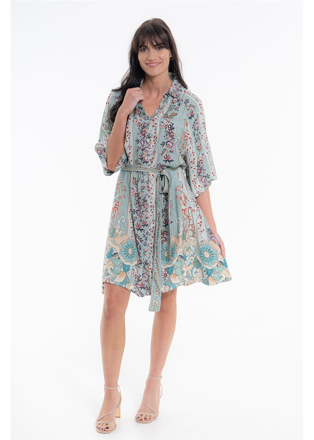 Vintage Blossom Paris Dress in blue-grey floral viscose linen, second front view with the waist tied
