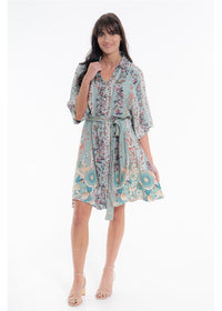 Vintage Blossom Paris Dress in blue-grey floral viscose linen, second front view with the waist tied