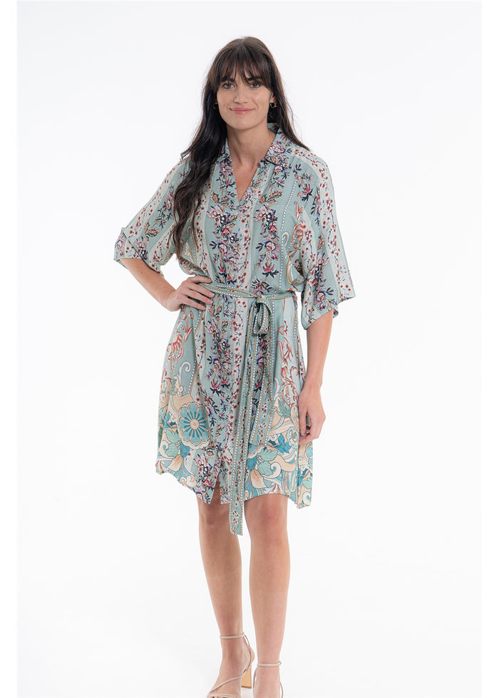 Vintage Blossom Paris Dress in blue-grey floral viscose linen, front view showing the matching waist tie