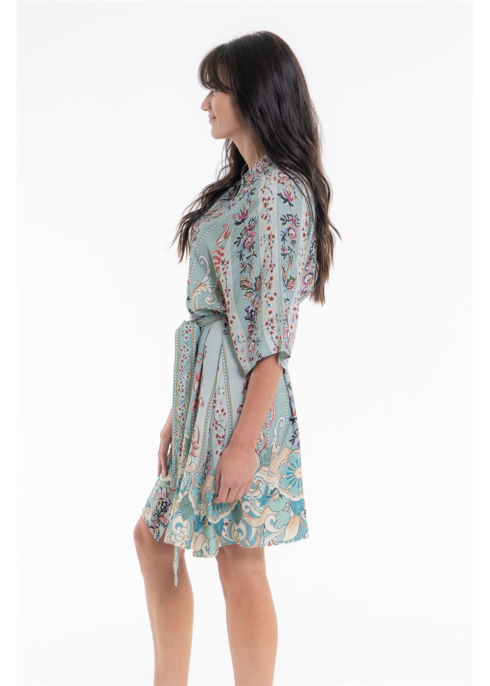 Vintage Blossom Paris Dress in blue-grey floral viscose linen, side view showing the loose sleeves