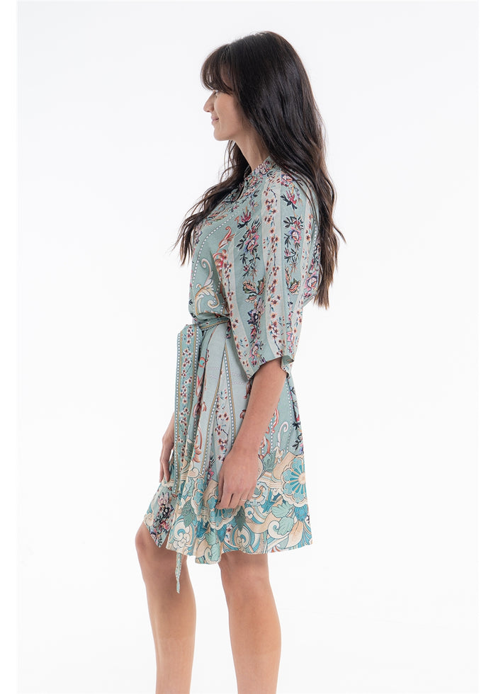 Vintage Blossom Paris Dress in blue-grey floral viscose linen, side view showing the loose sleeves