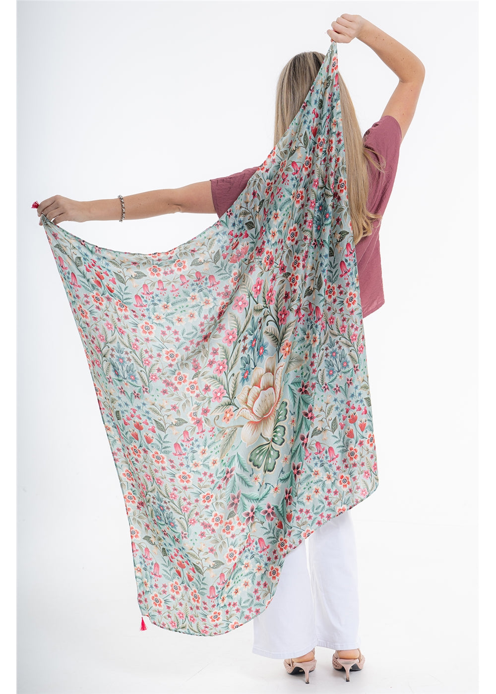 Vintage Blossom Scarf in blue-grey floral silk viscose, fully spread to show the floral print and tasselled corners