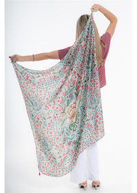 Vintage Blossom Scarf in blue-grey floral silk viscose, fully spread to show the floral print and tasselled corners