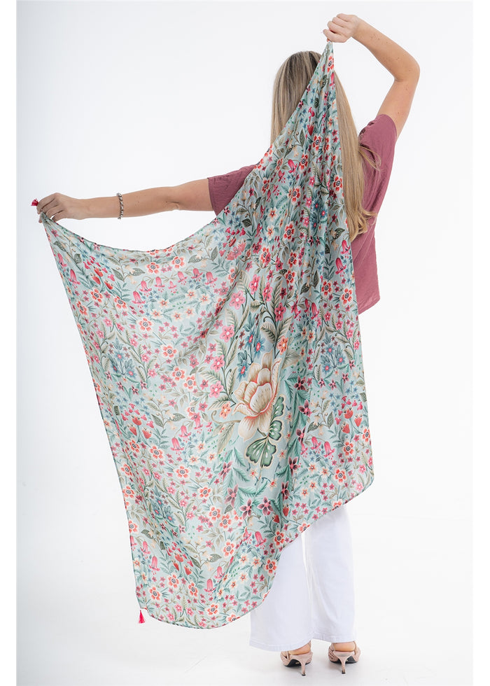 Vintage Blossom Scarf in blue-grey floral silk viscose, fully spread to show the floral print and tasselled corners