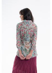Vintage Blossom Shirt in blue-grey floral silk viscose, back view showing the central flower motif