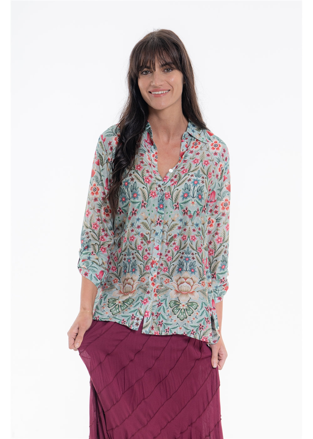 Vintage Blossom Shirt in blue-grey floral silk viscose, second front view showing the buttoned front