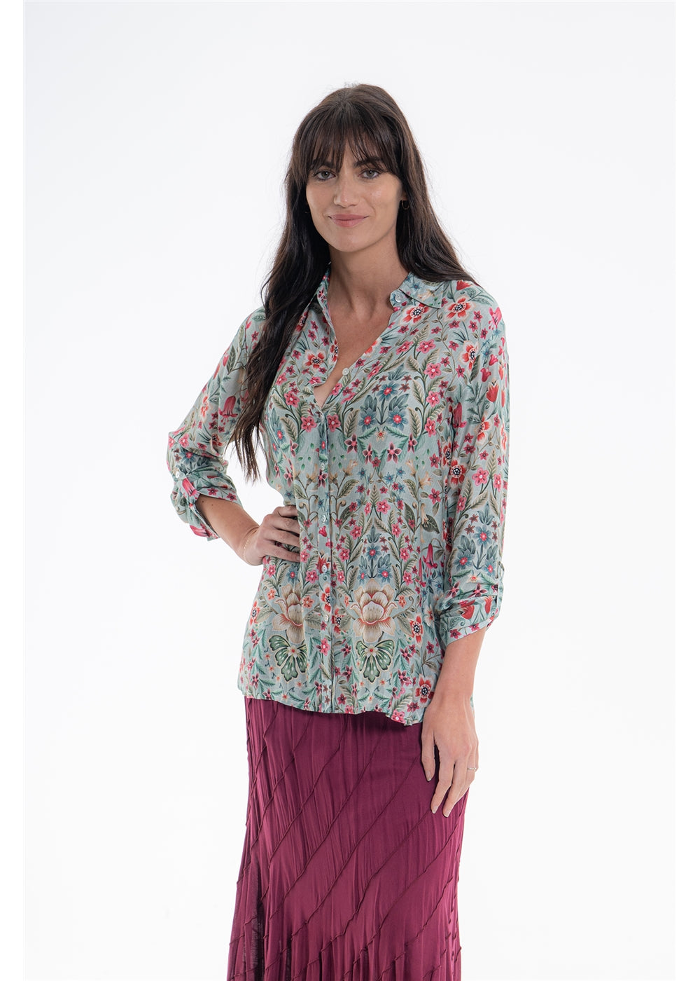 Vintage Blossom Shirt in blue-grey floral silk viscose, front view showing the collar and tab sleeves