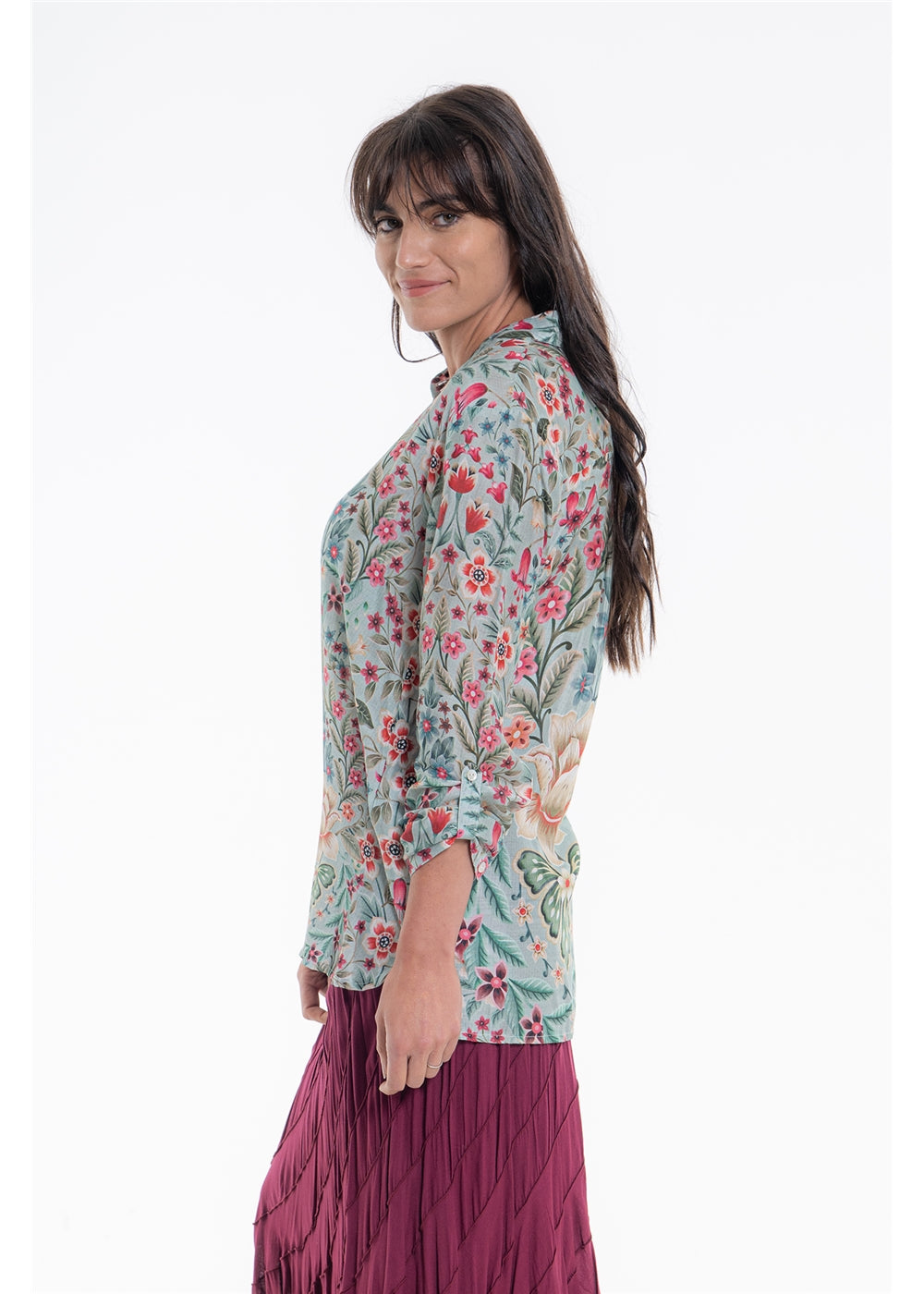 Vintage Blossom Shirt in blue-grey floral silk viscose, side view