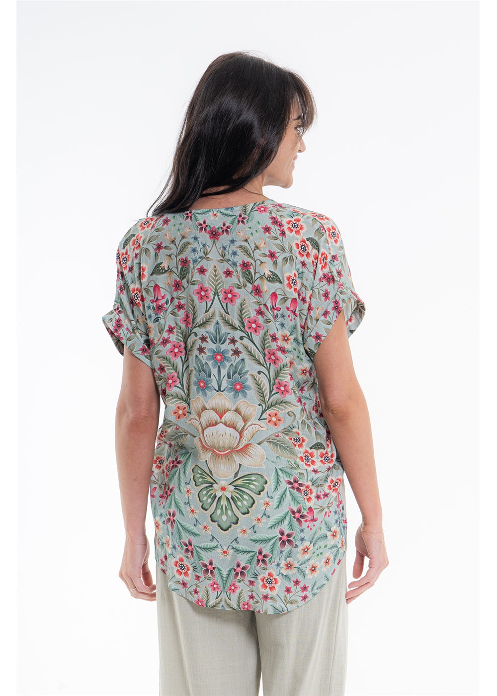 Vintage Blossom V-Neck Top in blue-grey floral viscose linen, back view showing the placement print