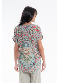 Vintage Blossom V-Neck Top in blue-grey floral viscose linen, back view showing the placement print