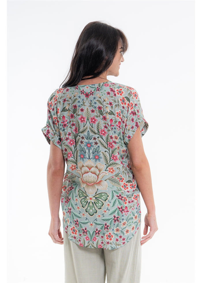 Vintage Blossom V-Neck Top in blue-grey floral viscose linen, back view showing the placement print