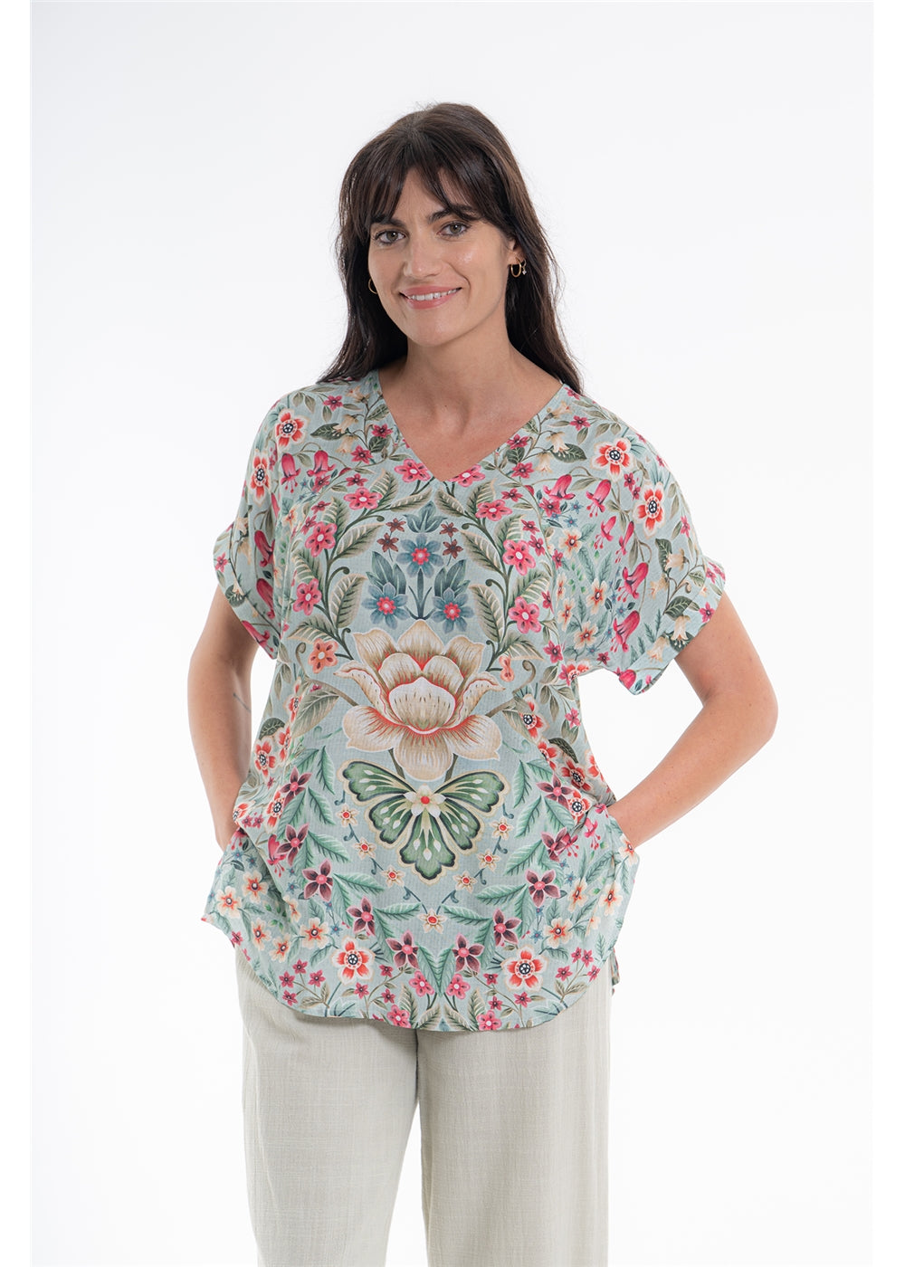 Vintage Blossom V-Neck Top in blue-grey floral viscose linen, front view showing the V neckline and cuffed sleeves