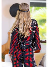 Yindi Cotton Tie Top in black, red and cream geometric cotton, back view showing the ties fastened at the waist