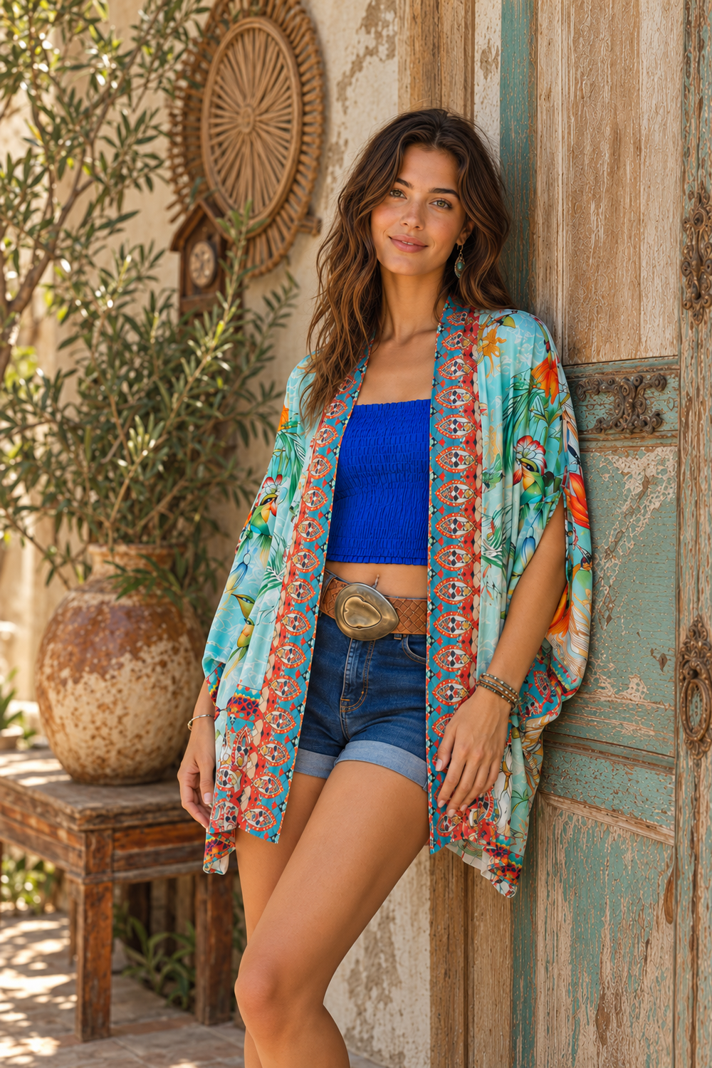 Cienna Designs Hummingbird Cape in aqua with coral borders, styled over blue top and denim shorts in a sunlit bohemian courtyard