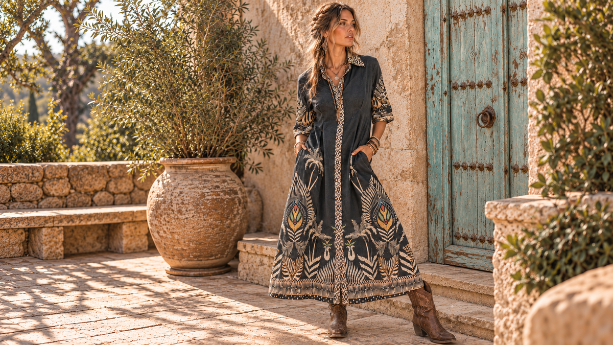 Malie Mood Jemma Dress in a sunlit courtyard beside olive branches and a turquoise door