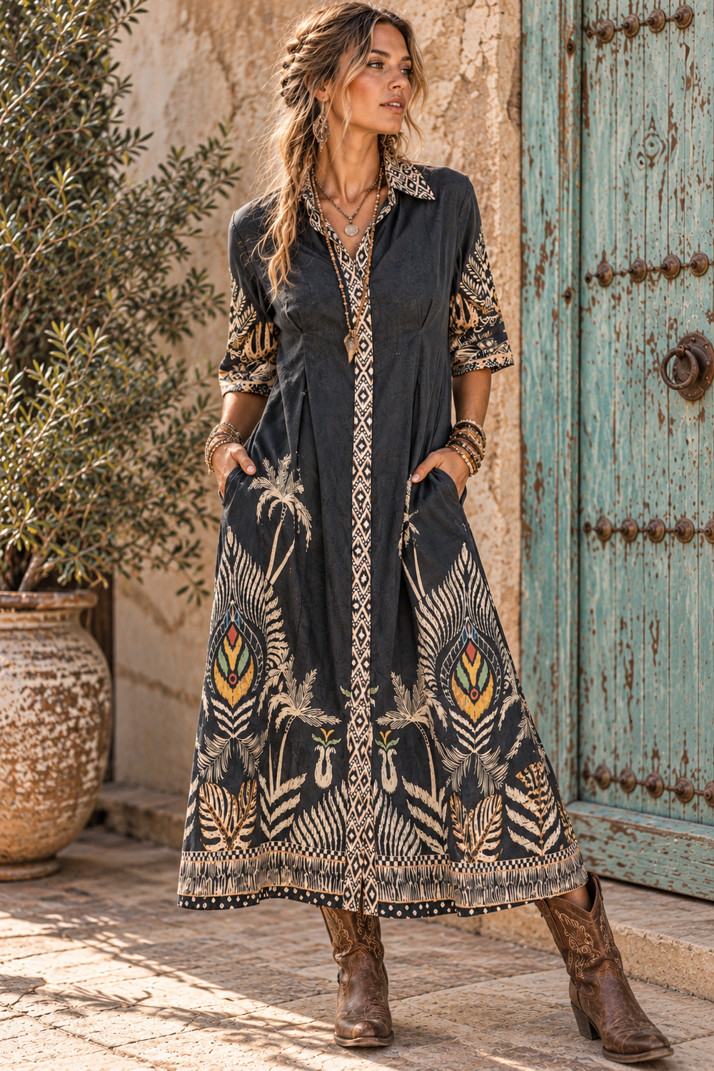 Model wearing the Malie Mood Jemma Dress with cream palm and animal motifs, hands in the pockets beside a turquoise courtyard door, portrait view