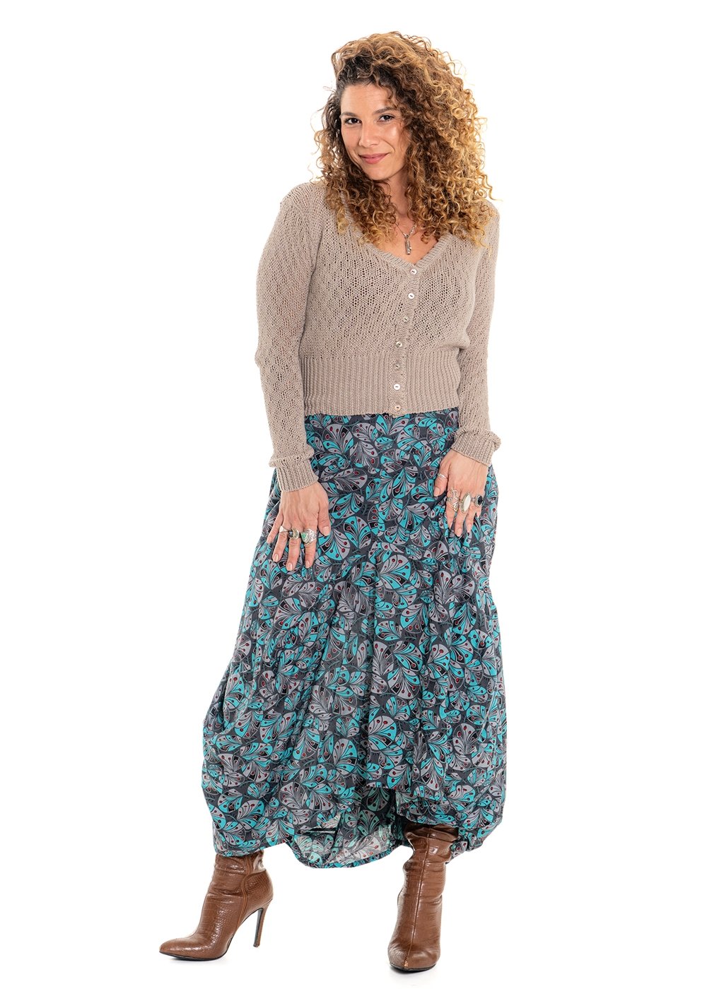 Cindy botanical print Eshe skirt in soft white cotton with hand-drawn teal and sage green floral pattern - Cienna Designs
