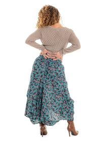 Cindy botanical print Eshe skirt back view in soft white cotton with teal and sage green florals - Cienna Designs