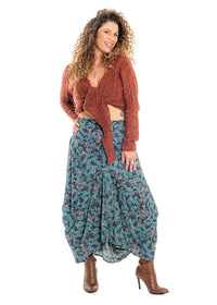Cindy botanical print Eshe skirt side view in soft white cotton with hand-drawn botanical floral pattern - Cienna Designs