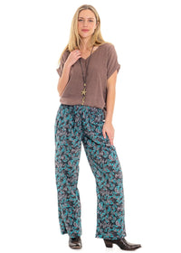 Cindy botanical print Hemi pants in soft white cotton with hand-drawn teal and sage green floral pattern - Cienna Designs