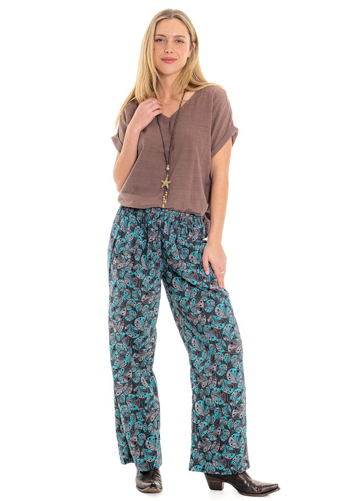 Cindy botanical print Hemi pants in soft white cotton with hand-drawn teal and sage green floral pattern - Cienna Designs
