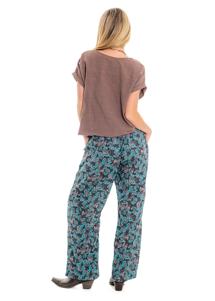 Cindy botanical print Hemi pants back view in soft white cotton with teal and sage green florals - Cienna Designs