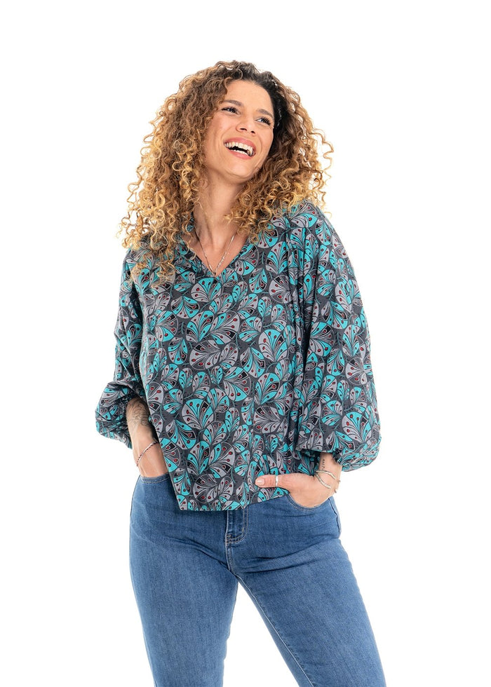 Cindy botanical print Mai top in soft white cotton with hand-drawn teal and sage green florals, V-neck with 3/4 sleeves and balloon cuffs - Cienna Designs
