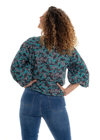 Cindy botanical print Mai top back view in soft white cotton with teal and sage green botanical florals and balloon cuffs - Cienna Designs