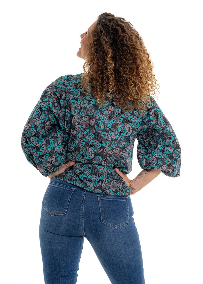 Cindy botanical print Mai top back view in soft white cotton with teal and sage green botanical florals and balloon cuffs - Cienna Designs