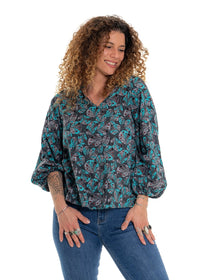 Cindy botanical print Mai top side view in soft white cotton, V-neck with 3/4 sleeves and teal sage green florals - Cienna Designs