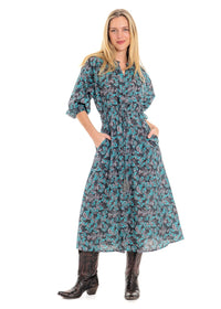 Cindy botanical print May dress in soft white cotton with hand-drawn teal and sage green floral pattern - Cienna Designs