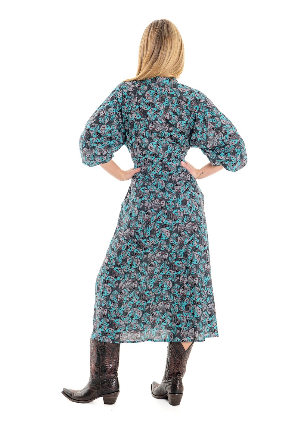 Cindy botanical print May dress back view in soft white cotton with teal and sage green florals - Cienna Designs