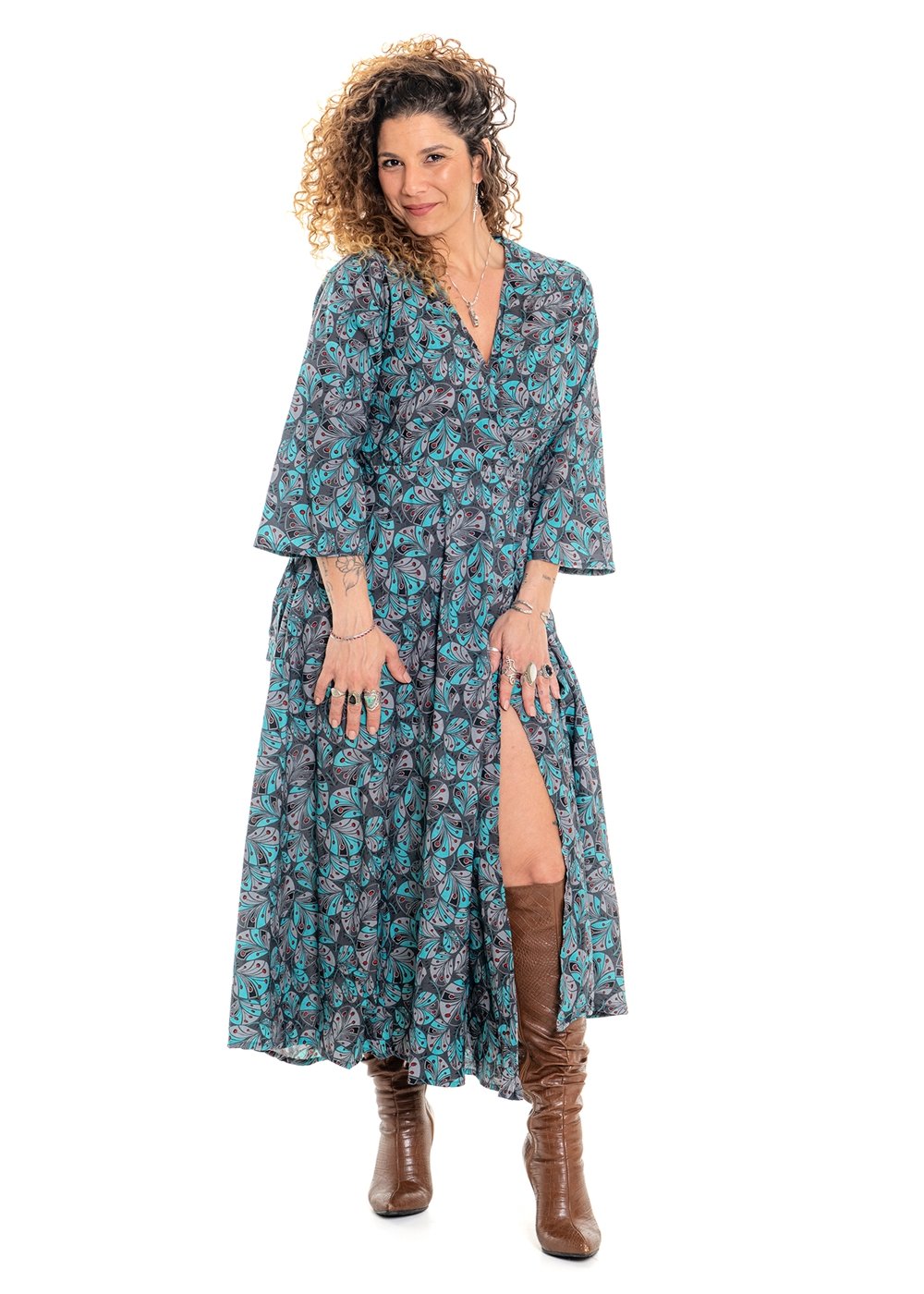 Cindy botanical print wrap dress in soft white cotton with hand-drawn teal and sage green floral pattern - Cienna Designs
