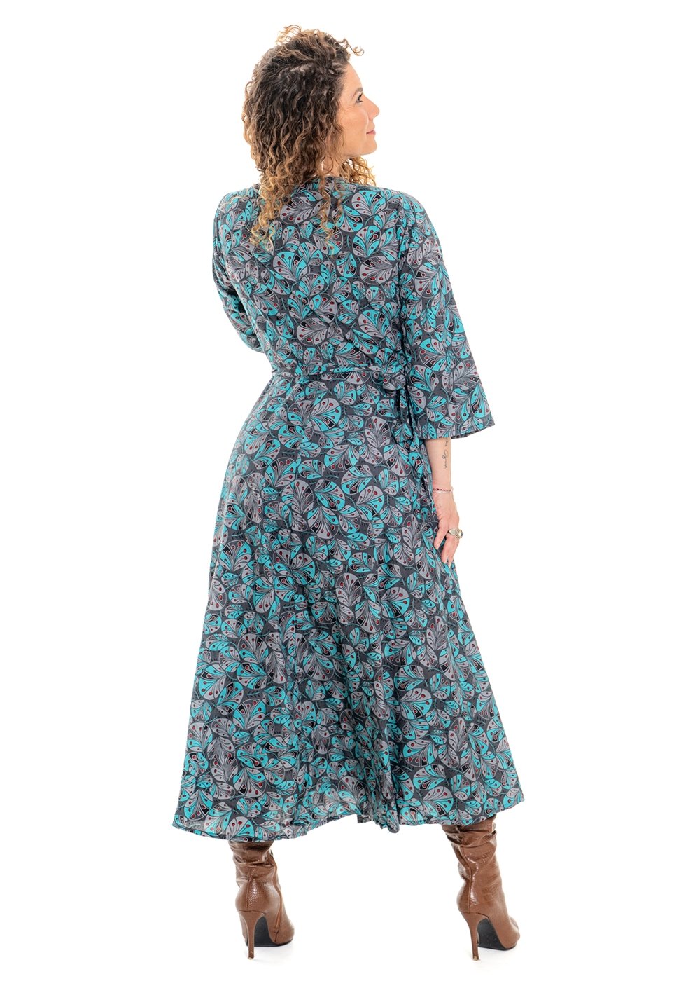 Cindy botanical print wrap dress back view in soft white cotton with teal and sage green botanical florals - Cienna Designs