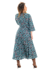 Cindy botanical print wrap dress back view in soft white cotton with teal and sage green botanical florals - Cienna Designs