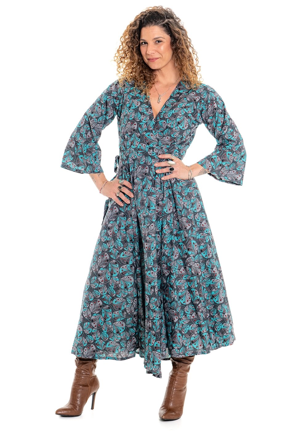 Cindy botanical print wrap dress side view in soft white cotton with hand-drawn teal and sage green florals - Cienna Designs