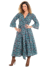 Cindy botanical print wrap dress side view in soft white cotton with hand-drawn teal and sage green florals - Cienna Designs