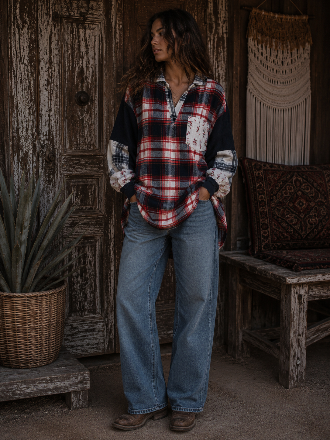 CJ Blue Shirt Plaid Patchwork | Styled front