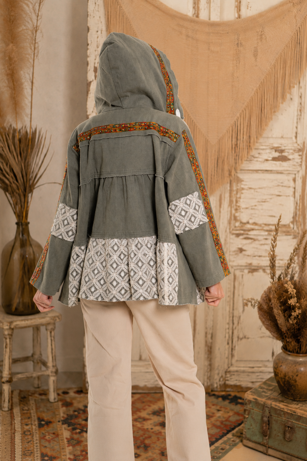 CJ Green Hooded Patchwork Jacket | Back detail