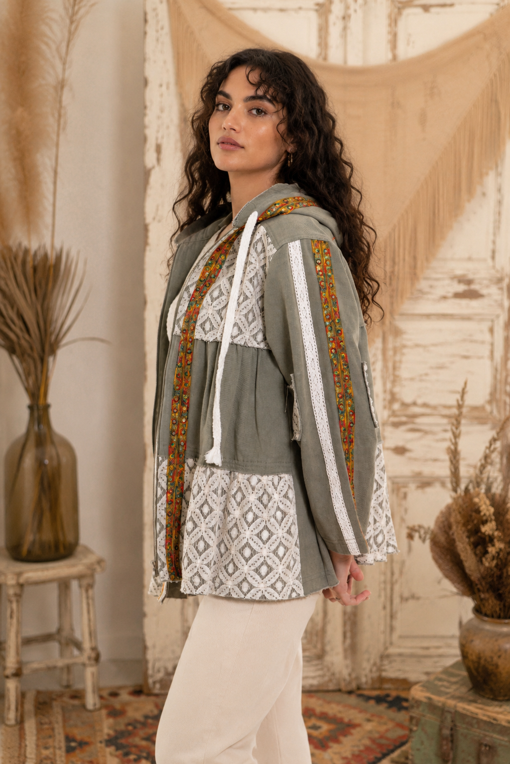 CJ Green Hooded Patchwork Jacket | Front view